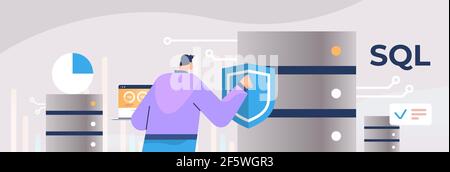 male admin working with dataserver SQL structured query language concept horizontal portrait Stock Vector