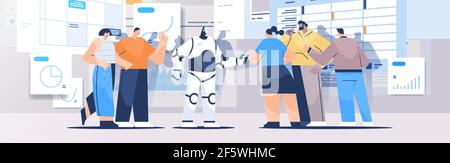 robot with businesspeople analyzing statistics graphs and charts financial data analyzing artificial intelligence Stock Vector