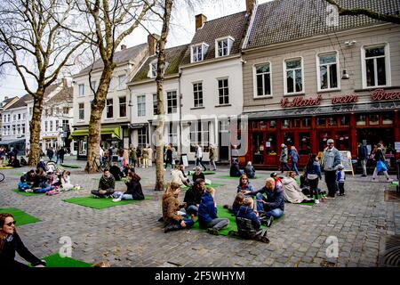 Dozens of catering entrepreneurs, cafe bosses and restaurant owners gather to call attention to the difficult situation in which the catering industry finds itself with a playful picnic due to the mandatory closure as one of the corona measures in Breda, the Netherlands, on March 28, 2021. Photo by Robin Utrecht/ABACAPRESS.COM Stock Photo