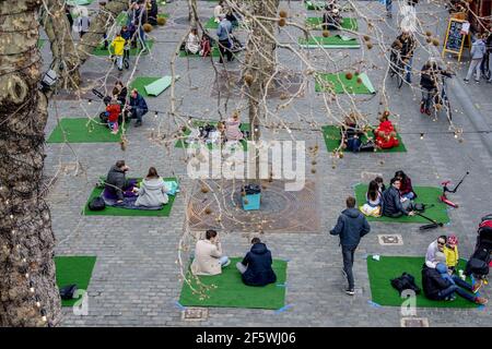 Dozens of catering entrepreneurs, cafe bosses and restaurant owners gather to call attention to the difficult situation in which the catering industry finds itself with a playful picnic due to the mandatory closure as one of the corona measures in Breda, the Netherlands, on March 28, 2021. Photo by Robin Utrecht/ABACAPRESS.COM Stock Photo