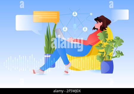 woman communicate by voice messages audio chat application social media communication Stock Vector