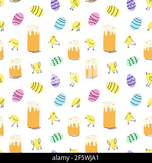 Easter seamless pattern pastel colors in cartoon style with Easter cake, eggs and chicken Stock Vector
