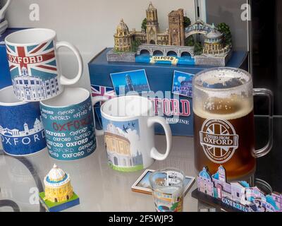 British and Oxford souvenirs for sale in a shop window. Stock Photo