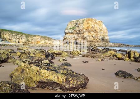 Marsden Rock is a sea stack standing on the North East coast of England near to Whitburn, Sunderland in Tyne and Wear. Stock Photo