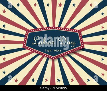 Happy Labor day America background. Vector illustration. Sunburst and hand drawn lettering in red blue colors with vintage look texture. Poster, postc Stock Vector