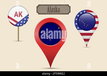 Alaska US state round flag. Map pin, red map marker, location pointer. Hanging wood sign in vintage style. Vector illustration. American stars and str Stock Vector