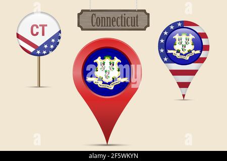 Connecticut US state round flag. Map pin, red map marker, location pointer. Hanging wood sign in vintage style. Vector illustration. American stars an Stock Vector
