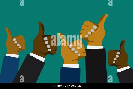 An illustration of multiracial people showing the thumbs up gesture against a green background Stock Photo
