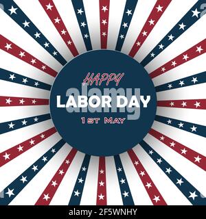 Happy Labor day America background. Vector illustration. Sunburst and hand drawn lettering in red blue colors with vintage look texture. Poster, postc Stock Vector