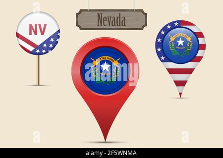 Nevada US state round flag. Map pin, red map marker, location pointer. Hanging wood sign in vintage style. Vector illustration. American stars and str Stock Vector