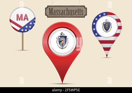 Massachusetts US state round flag. Map pin, red map marker, location pointer. Hanging wood sign in vintage style. Vector illustration. American stars Stock Vector