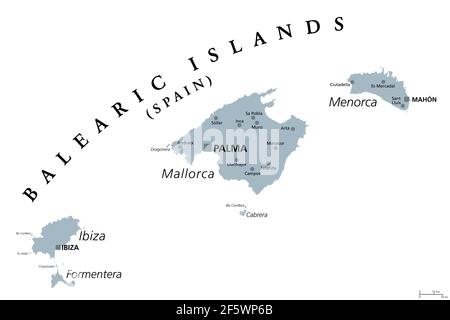 Balearic Islands, gray political map, with main islands Mallorca, Ibiza, Menorca and Formentera. Archipelago of islands in Spain, Mediterranean Sea. Stock Photo