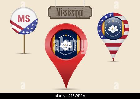 Mississippi US state round flag. Map pin, red map marker, location pointer. Hanging wood sign in vintage style. Vector illustration. American stars an Stock Vector