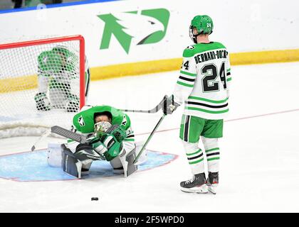 March 27, 2021 North Dakota goaltender Adam Scheel (31) covers his head after letting in the game winning goal in the fifth overtime of the championship game of the NCAA men's hockey Midwest Regional between the University of Minnesota - Duluth Bulldogs and the University of North Dakota Fighting Hawks at Scheels Arena, Fargo, ND. The game went to 5 overtimes and is the longest game ever played in NCAA tournament play. Minnesota Duluth won 3-2 and moves on to the Frozen Four. Photo by Russell Hons/CSM Stock Photo