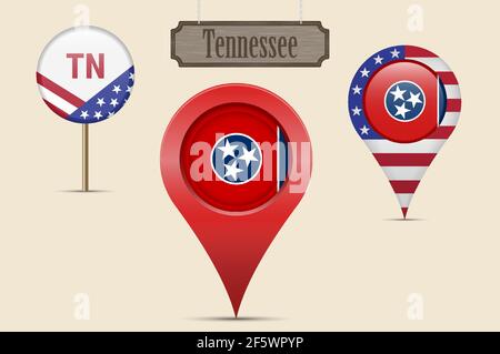 Tennessee US state round flag. Map pin, red map marker, location pointer. Hanging wood sign in vintage style. Vector illustration. American stars and Stock Vector