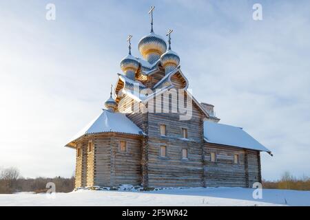 Wooden church of the Epiphany close up on a frosty February day. Paltoga, Vologda region. Russia