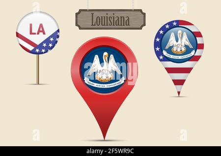 Louisiana US state round flag. Map pin, red map marker, location pointer. Hanging wood sign in vintage style. Vector illustration. American stars and Stock Vector
