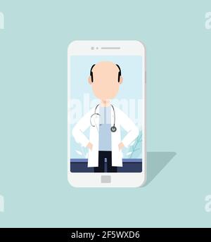 Smartphone screen with man doctor online. video conference with your doctor from home. Vector flat person illustration. Stock Vector