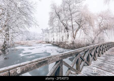 Snowy, wooden bridge in a winter day. Frozen lake and snowy trees, idyllic seasonal winter scenery. Winter landscape, relaxing and calmness view Stock Photo