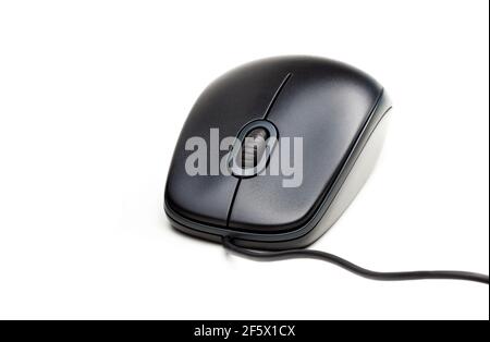 Simple traditional wired plain computer mouse, clean black office mouse object isolated on white, cut out. Desktop PC mouse with cable, accessories an Stock Photo