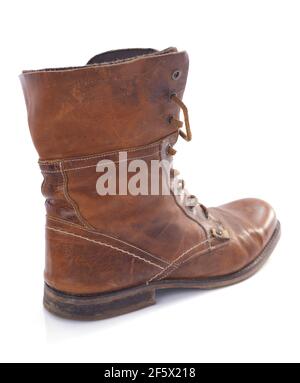old leather travel vintage boots shoes isolated on white background Stock Photo