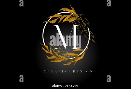 Golden Leaf Letter M Logo Design With Gold leafs and Golden Monoline Lines. Letter M logo for Cosmetic Beauty Natural Products. Stock Vector