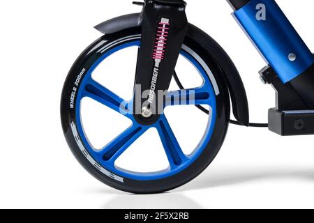 Children's scooter wheel close up isolated on white background Stock Photo
