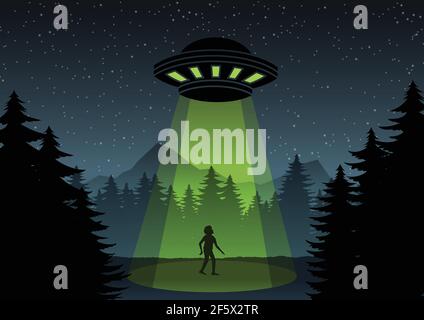 Cartoon version design of UFO fly over the forest and a man,vector illustration Stock Vector