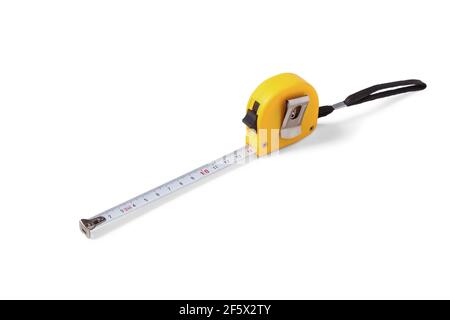 Yellow plastic measuring construction tape isolated on white background Stock Photo