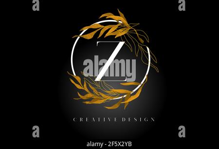 Golden Leaf Letter Z Logo Design With Gold leafs and Golden Monoline Lines. Letter Z logo for Cosmetic Beauty Natural Products. Stock Vector