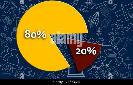 An illustration of a pie chart with eighty and twenty percentage on a blue background with different icons on it Stock Photo
