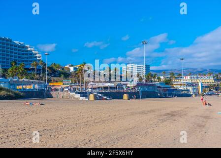 Maspalomas, Spain, Janury 19, 2021: Sunny day at Playa del Ingles at Maspalomas at Gran Canaria, Canary Islands, Spain. Stock Photo