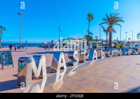 Maspalomas, Spain, Janury 19, 2021: Maspalomas tourist sign at Gran Canaria, Canary islands, Spain. Stock Photo