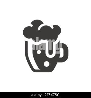 Beer glass black vector icon. Beer mug with foam and bubbles cute symbol. Stock Vector