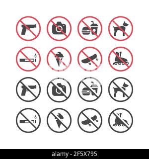 Red prohibition vector icon set. No smoking, no food, no pets, no guns sign set. Stock Vector