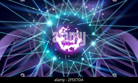 Futuristic Sci-Fi Thunderbolt Shaped Neon Tube Vibrant Purple And Blue Glowing Lights On Reflective Tilted Rough Concrete Surface In Dark Room, vector Stock Vector