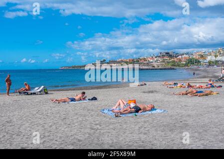 Costa Adeje, Spain, January 13, 2021: Playa de Torviscas at Tenerife, Canary islands, Spain. Stock Photo