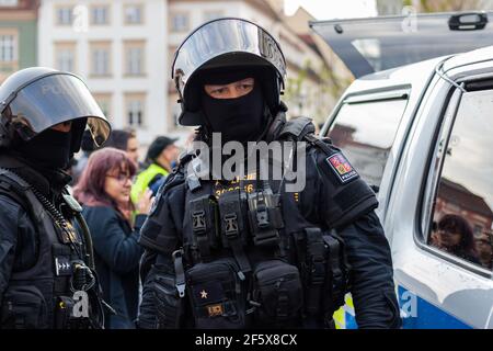 Brno, Czech Republic - May 1, 2019: Armed police officers in riot gear during demonstration right wing extremists and clashes with activists against r Stock Photo