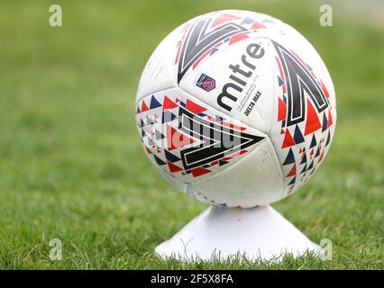 Crawley, UK. 28th Mar, 2021. An official match ball made by Mitre during the FA Women's Super League match between Brighton & Hove Albion Women and Everton Women at The People's Pension Stadium on March 28th 2021 in Crawley, United Kingdom Credit: Paul Terry Credit: Paul Terry Photo/Alamy Live News Stock Photo