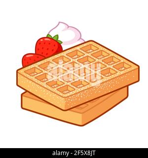 Belgian waffle with powdered sugar, whipped cream and strawberries. Traditional breakfast food vector illustration. Cartoon clip art drawing. Stock Vector