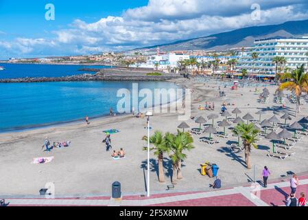 Costa Adeje, Spain, January 13, 2021: Playa la pinta at Tenerife, Canary islands, Spain. Stock Photo