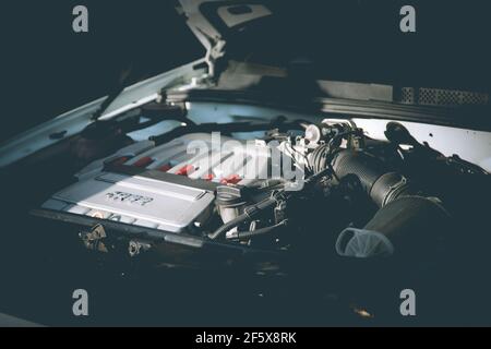 Moscow, Russia - July 06, 2019: The VR6 motor is installed under the hood of a Volkswagen Golf 4 car. Stock Photo