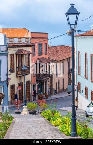 La Orotava, Spain, Janury 12, 2021: Narrow street in the old town at La Orotava, Tenerife, Canary islands, Spain. Stock Photo