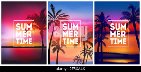 Summer tropical backgrounds set with palms, sky and sunset. Summer placard poster flyer invitation card. Summertime. Vector illustration Stock Vector