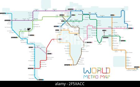 Vector illustration of a world map designed as a subway map Stock Vector