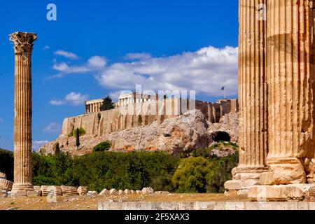 The Acropolis of Athens, an ancient citadel located on a rocky outcrop above the city of Athens, as seen from the ruins of the temple of Zeus.
