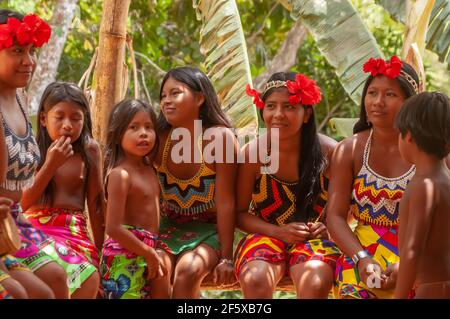 Darien Province, Panama. 07-18-2019. Portrait of indigenous women gathered together in Panama, Central America, Stock Photo