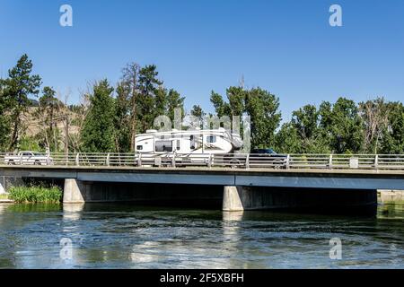 PENTICTON, CANADA - JULY 5, 2020: Tourism vacation and travel in motorhome trailer sunny summer day Stock Photo