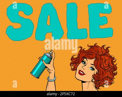 woman graffiti sale. Business advertising. Beautiful girl with a can of spray paint Stock Vector