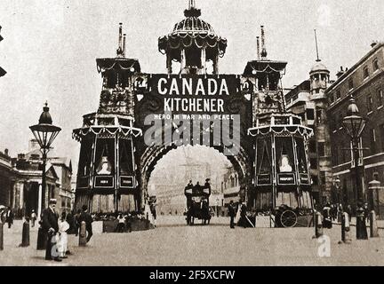 Summer 1902. London decorates the streets for the Coronation celebration of the coronation of Edward VII and his wife Alexandra of Denmark.  Originally scheduled for 26 June of that year, the ceremony had been postponed at very short notice, because the King had been taken ill  and had to be hospitalised. This photo shows the Canadian Arch situated at Westminster in Whitehall close to the cenotaph, Stock Photo